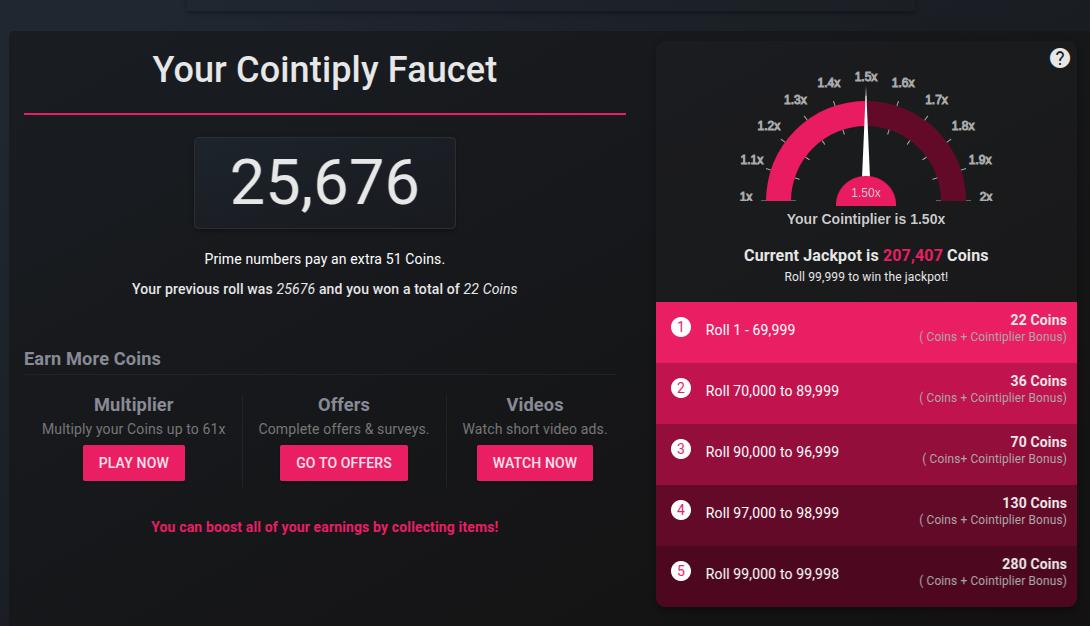 Cointiply review jackpot faucet roll screenshot