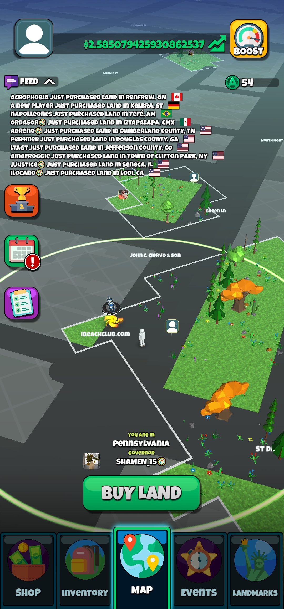 Atlas Earth virtual land map and purchase interface