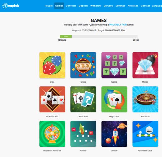 Toncoin faucet games on Tonpick