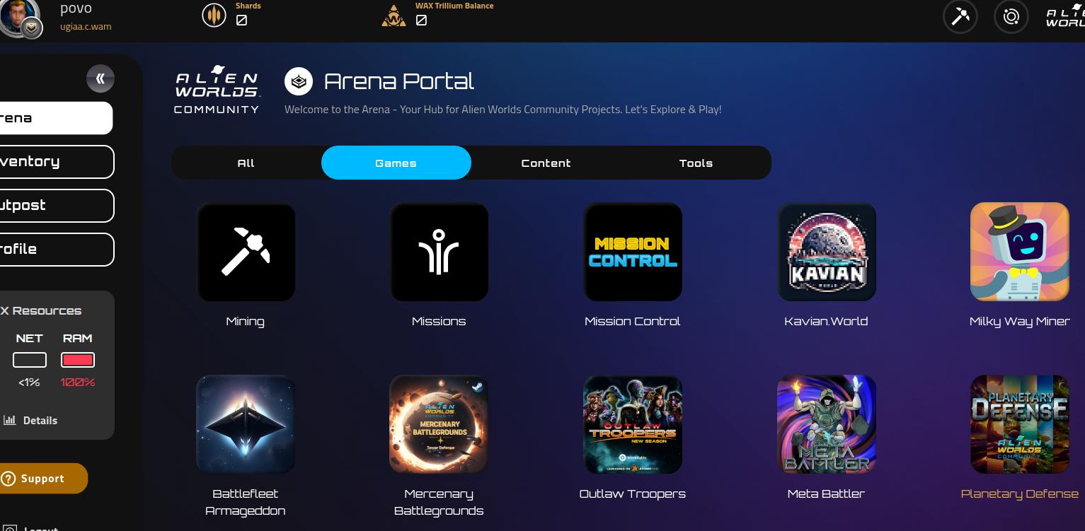 Alien Worlds Arena Portal interface with mission selection