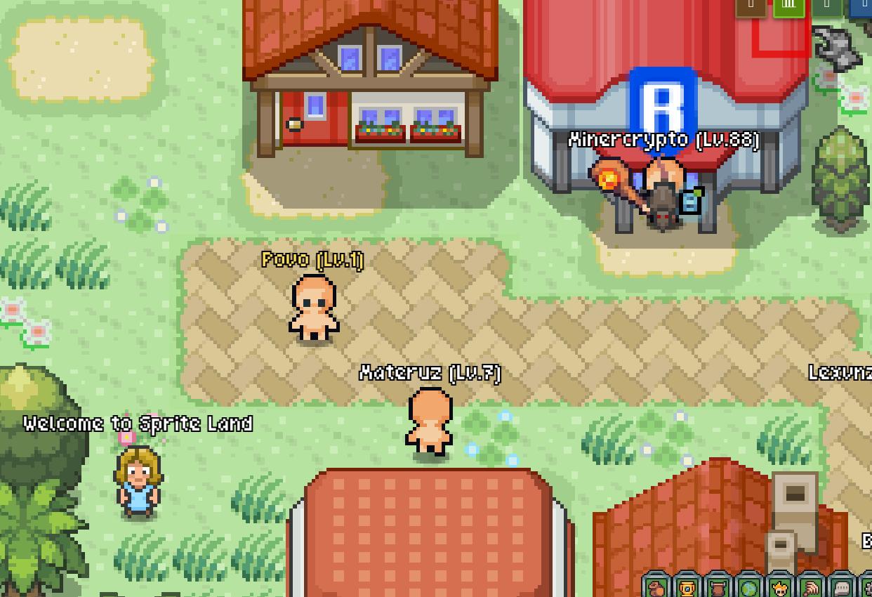Sprite Land map area showing characters and town buildings