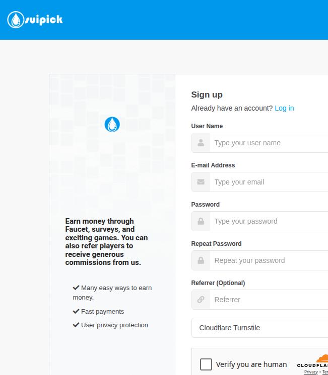 suipick sui faucet signup form screenshot