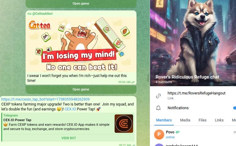 Telegram mini-game and P2E chat screenshot